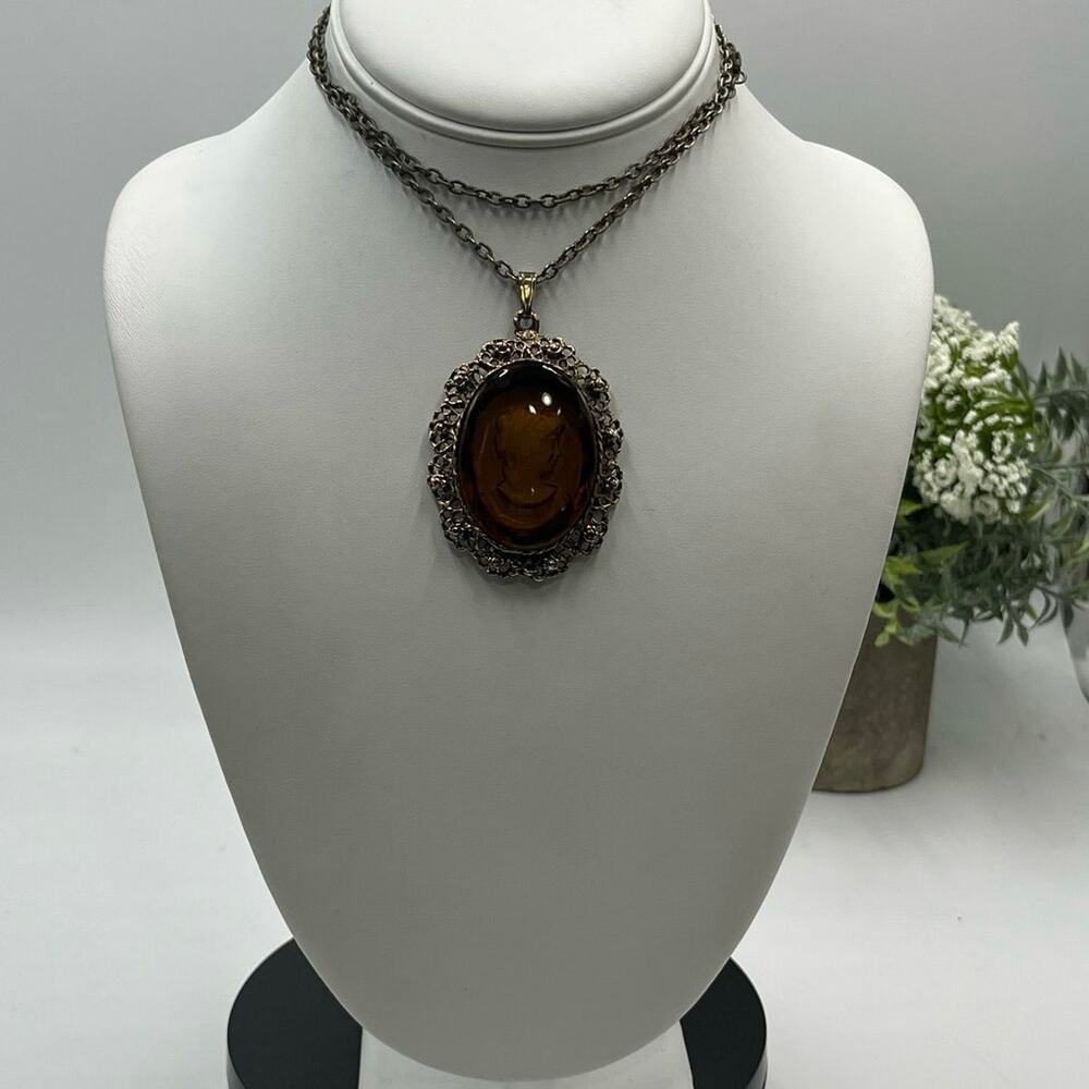 Vintage Brown Topaz Glass CAMEO Intaglio‎ PENDANT Necklace victorian revival